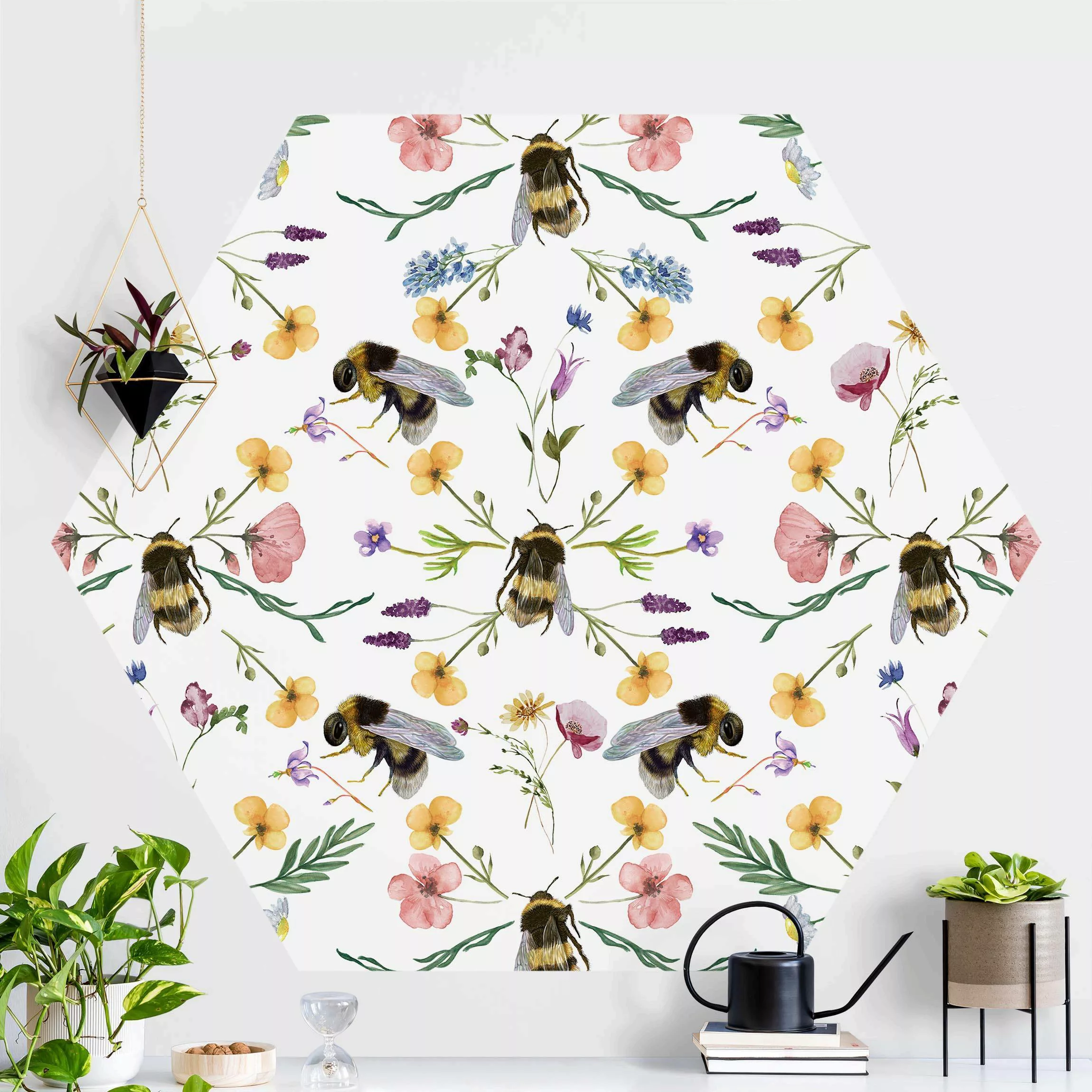Hexagon Mustertapete selbstklebend Bienen mit Blumen günstig online kaufen