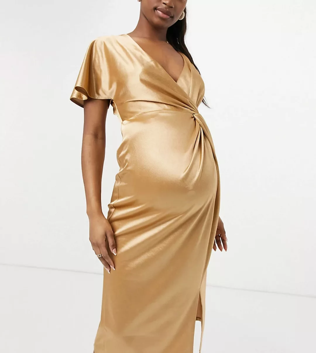 ASOS DESIGN Maternity – Midikleid mit asymmetrischem Ärmel, gedrehtem Desig günstig online kaufen