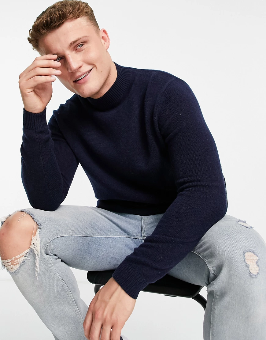 ASOS DESIGN – Lammwollpullover in Navy mit Stehkragen-Marineblau günstig online kaufen