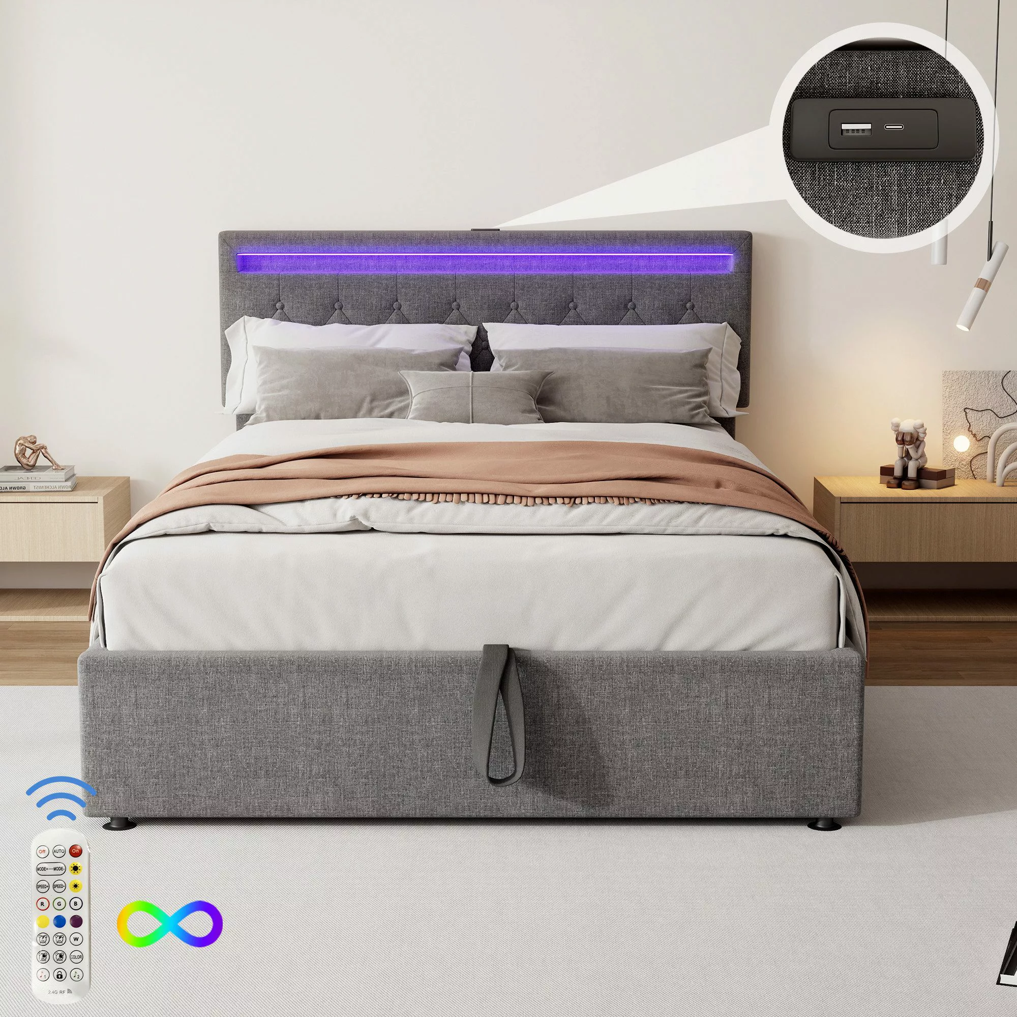 Flieks Polsterbett, LED Hydraulisches Doppelbett 140x200cm günstig online kaufen