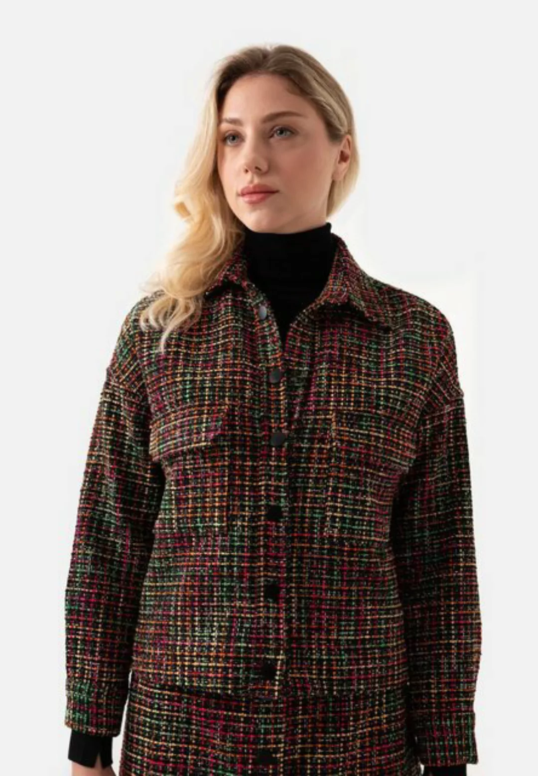 Just Like You Kurzjacke Tweed-Hemdjacke für Damen mit Taschendetail günstig online kaufen