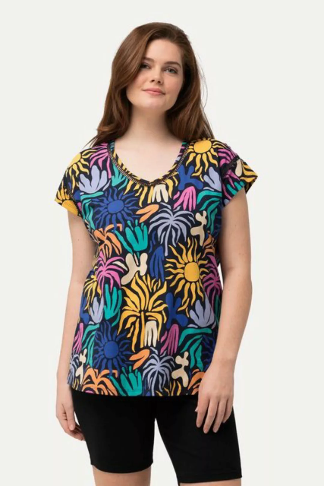 Ulla Popken Rundhalsshirt T-Shirt Sonnen V-Ausschnitt Halbarm Biobaumwolle günstig online kaufen