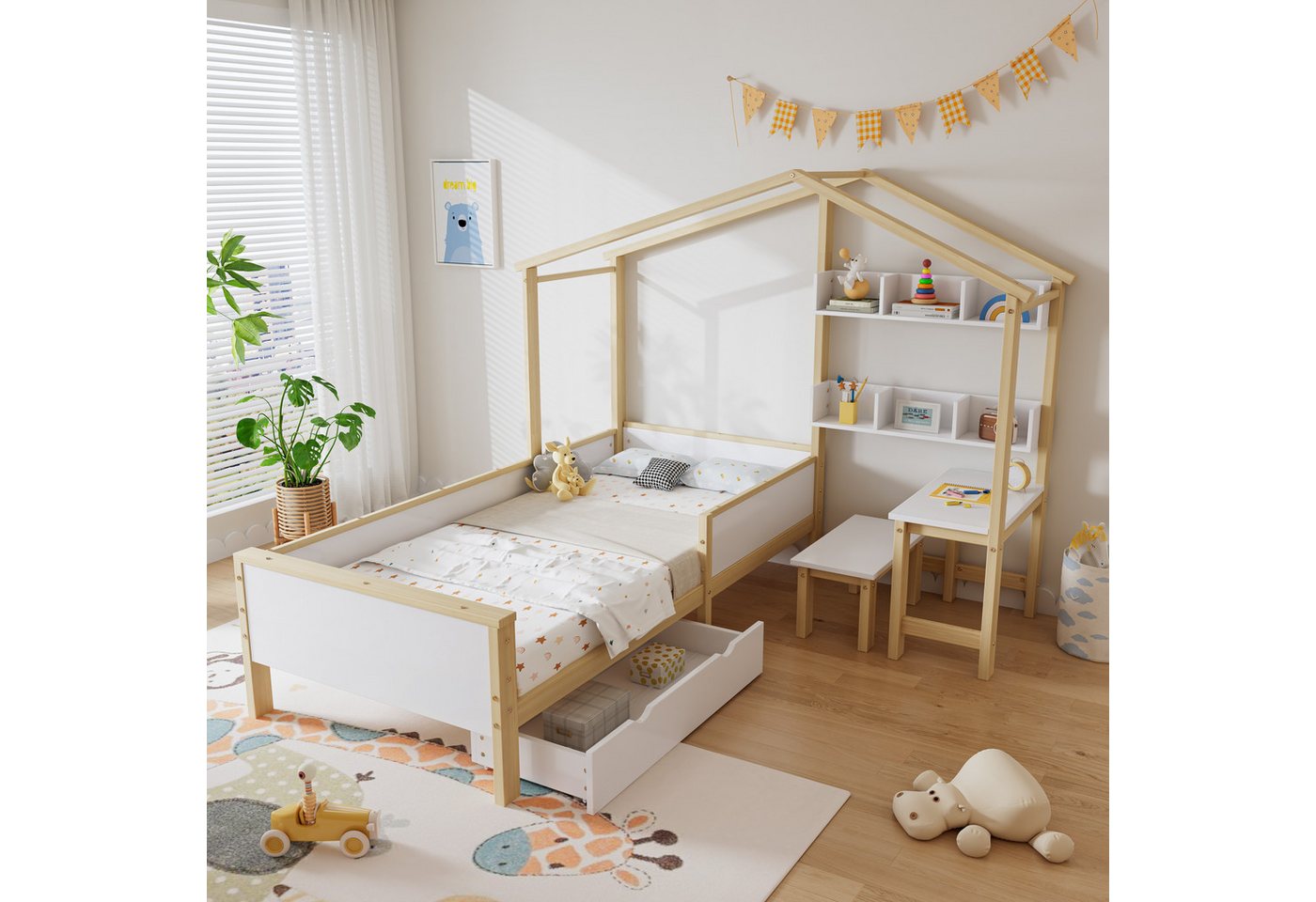 MODFU Kinderbett Hausbett mit Schubladen und Regalen, mit Tisch und Hocker günstig online kaufen