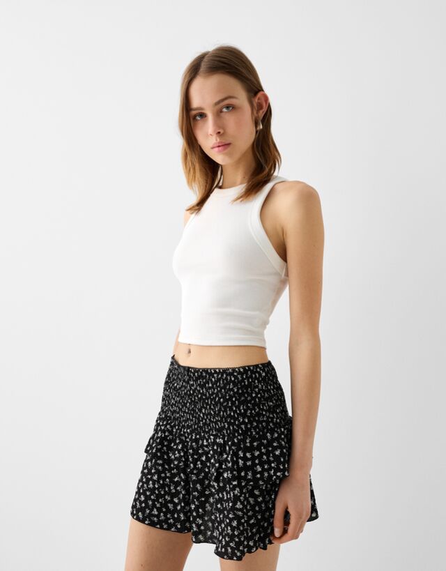 Bershka Minirock Aus Waffelgewebe Mit Volants Und Print Damen Xs Schwarz günstig online kaufen