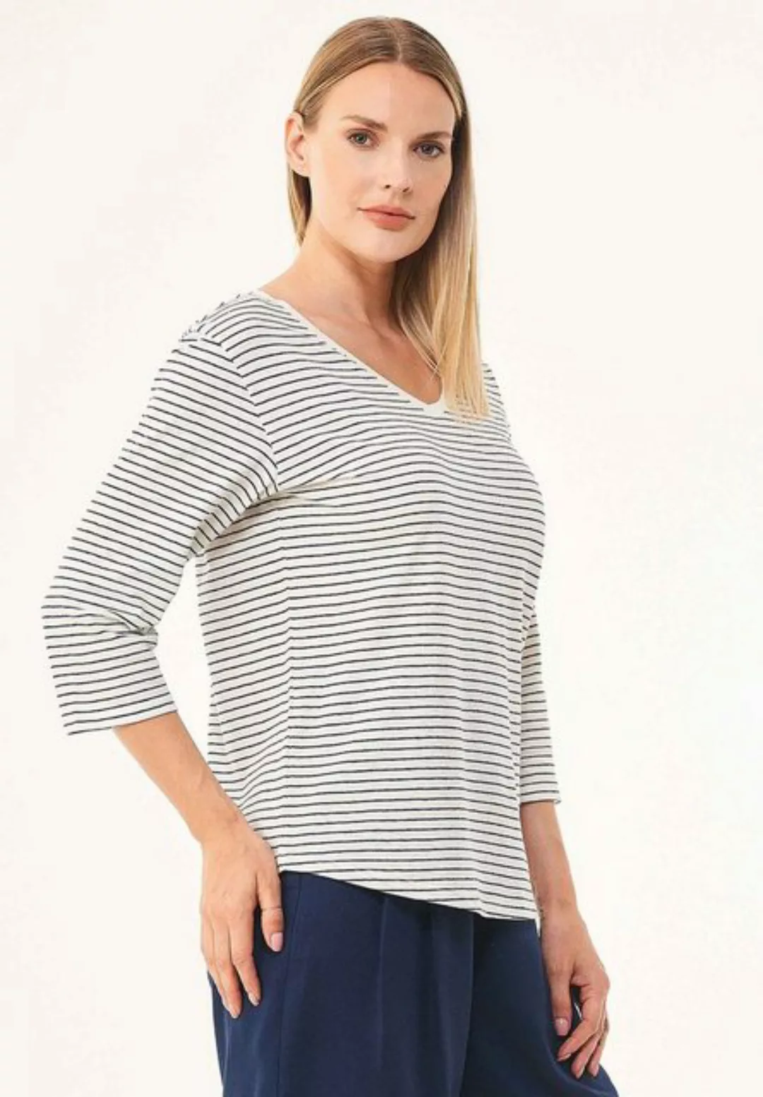 ORGANICATION T-Shirt Women's Striped 3/4 Sleeve T-shirt in Olive/Off White günstig online kaufen