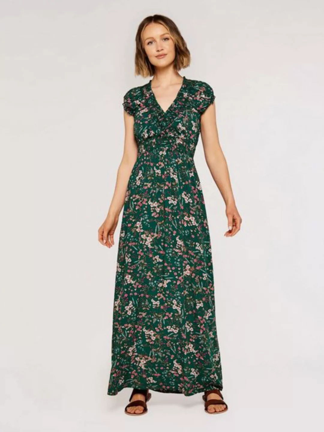 Apricot Sommerkleid mit Blumenmuster, falten günstig online kaufen