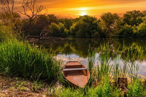 Papermoon Fototapete »STRAND-SEE BOOT WALD SONNENUNTERGANG BÄUME FLUSS IDYL günstig online kaufen