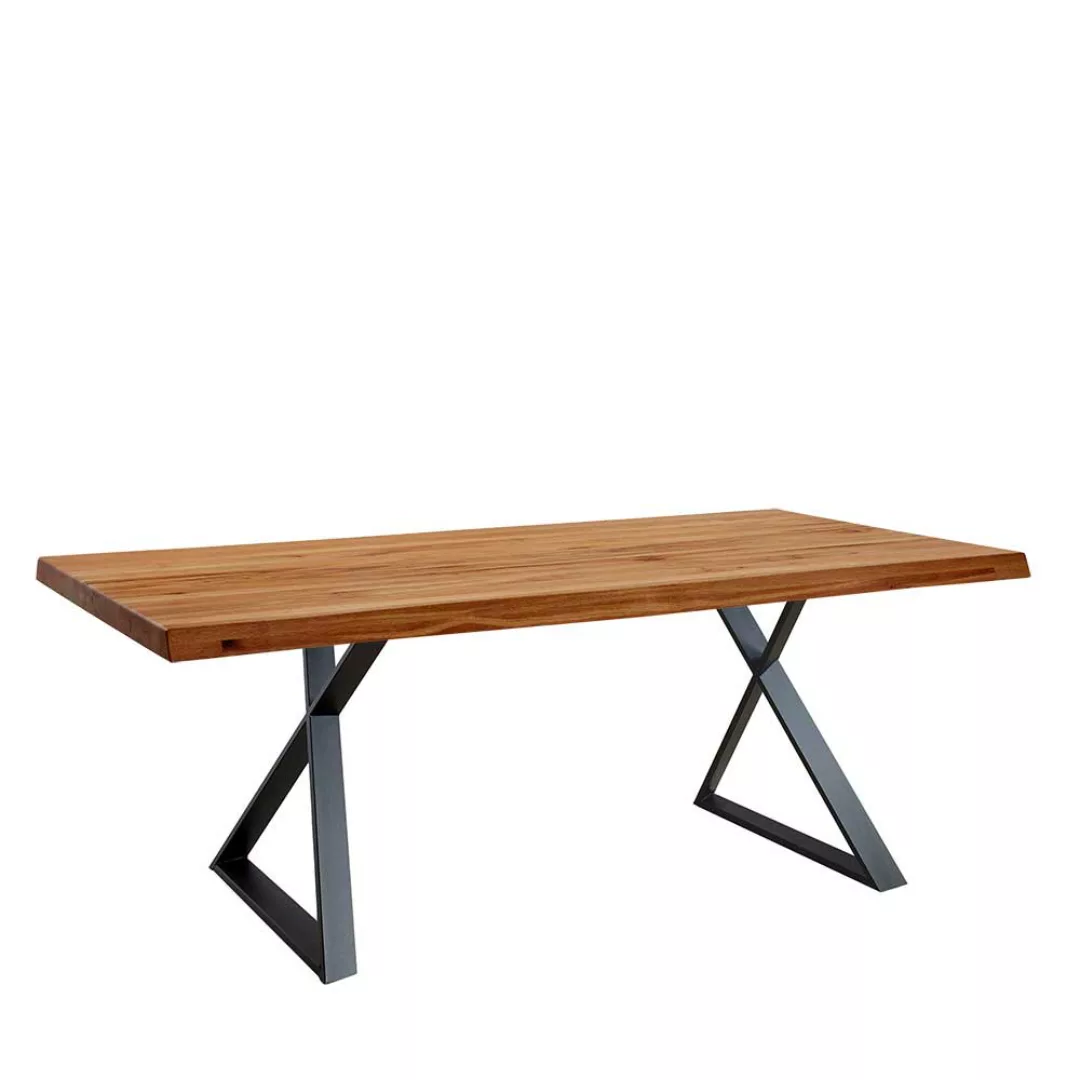 Esszimmertisch mit Baumkante aus Zerreiche Massivholz Bügelgestell günstig online kaufen