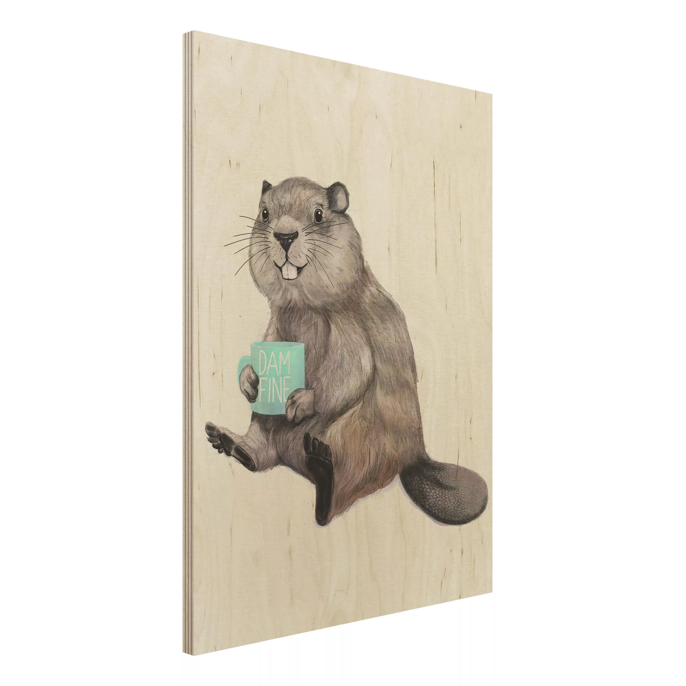 Holzbild Tiere - Hochformat 3:4 Illustration Biber mit Kaffeetasse günstig online kaufen