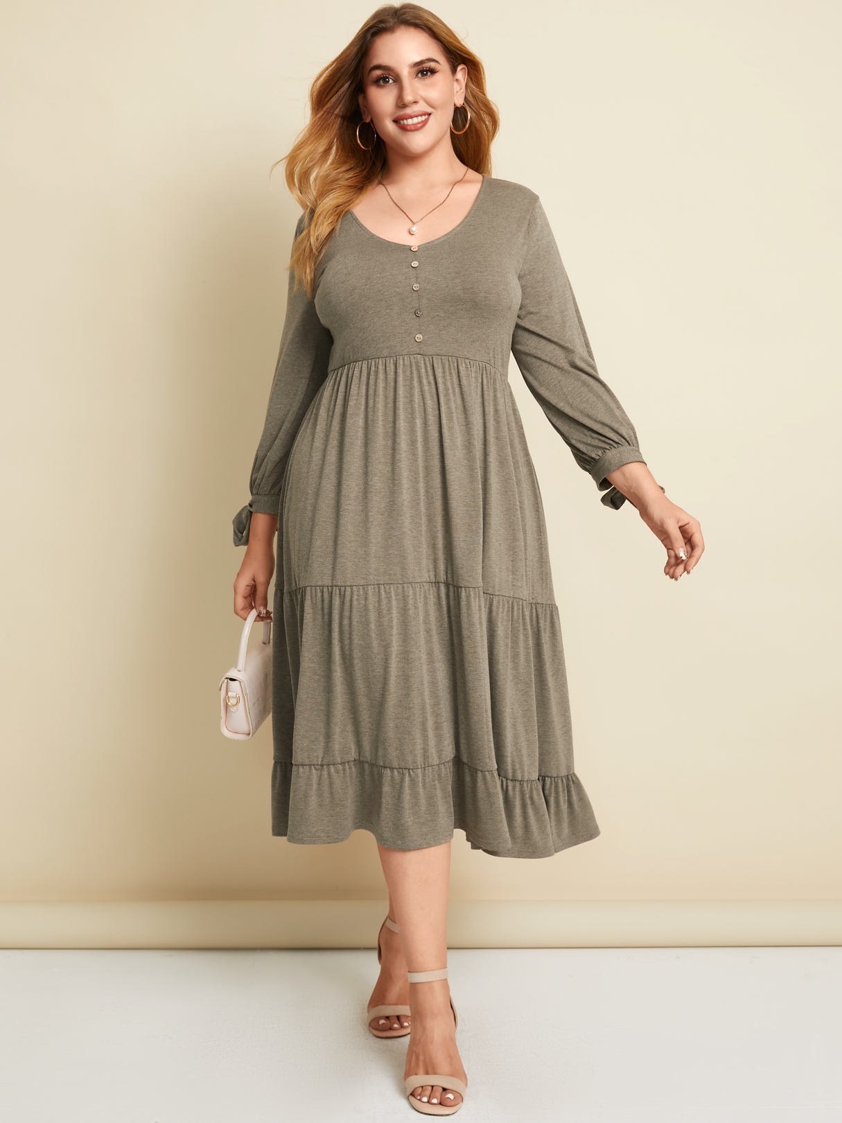 YOINS Plus Größe U-Ausschnitt Plissee Design Lange Ärmel Midi Kleid günstig online kaufen