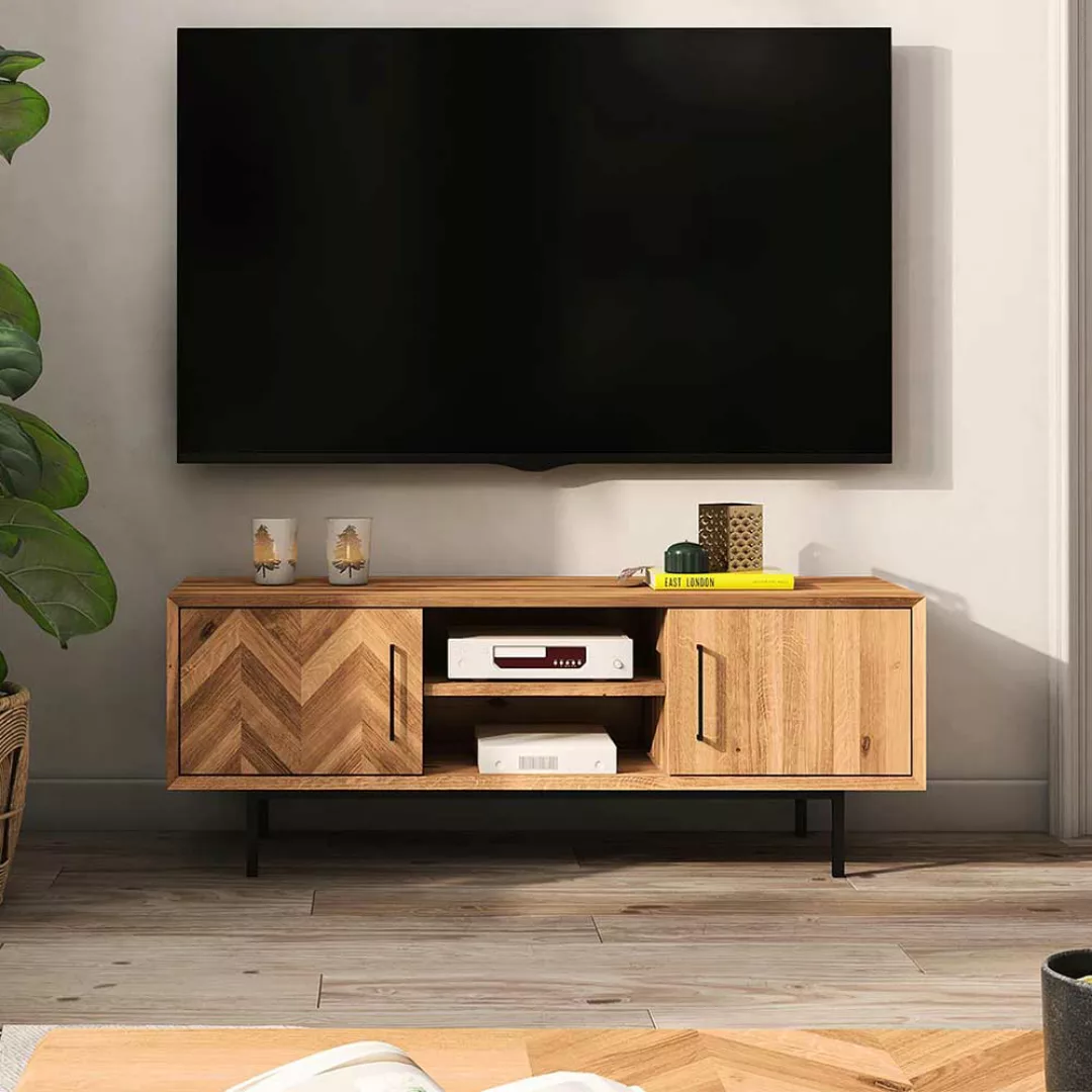 Fernsehboard mit Türen aus Wildeiche Massivholz Stahl günstig online kaufen