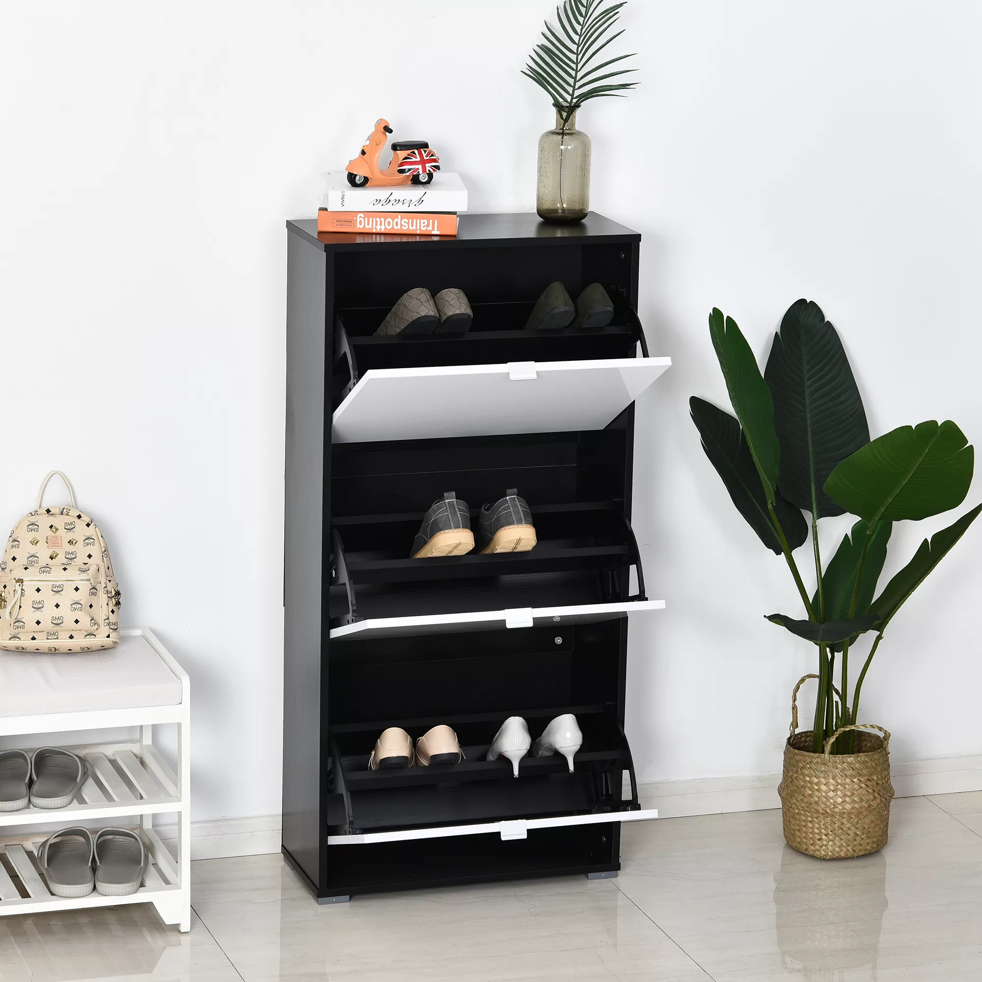HOMCOM Schuhschrank mit 3 klappbaren Türen, 3 Fächern, MDF Schwarz Weiß Lac günstig online kaufen