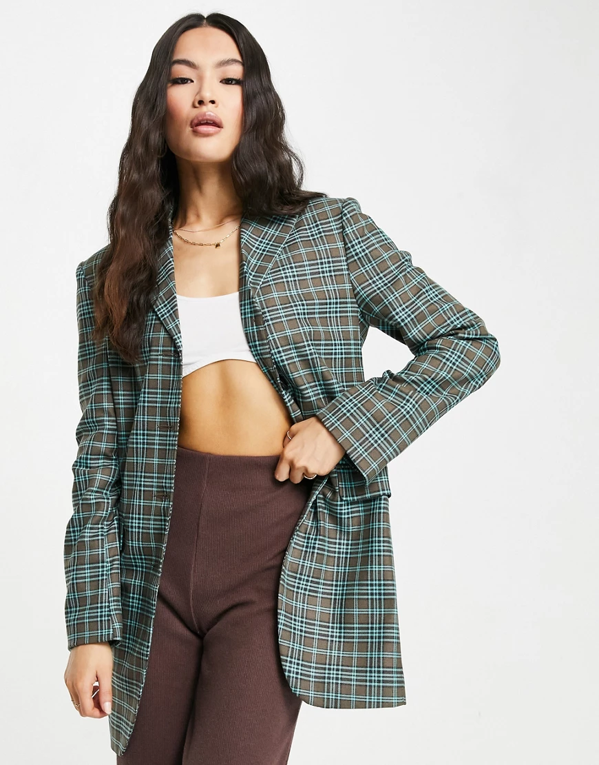 ASOS DESIGN – Karierter Anzugblazer in Grün und Braun mit hoch angesetztem günstig online kaufen