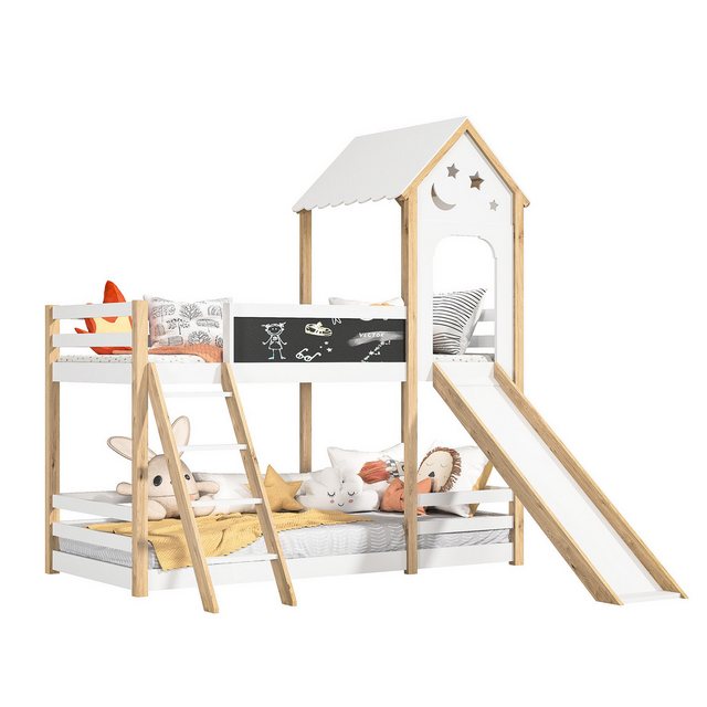 FUROKOY Etagenbett Kinderbett Hausbett 90x200 cm mit Tafel, Massivholzbett günstig online kaufen