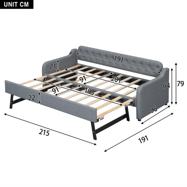 Flieks Daybett, Schlafsofa Tagesbett 90x200cm mit Ausziehbett und USB-Ansch günstig online kaufen