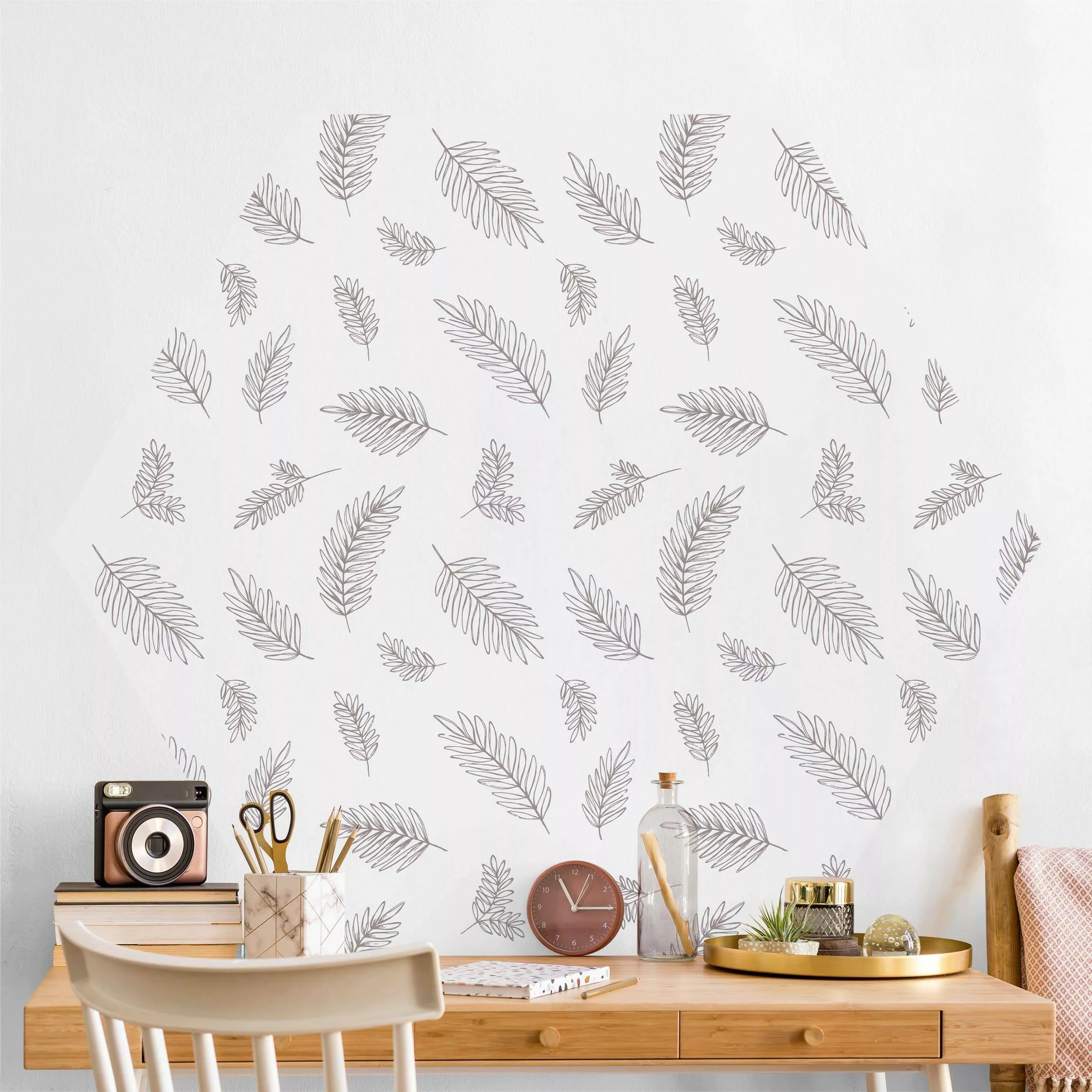 Hexagon Mustertapete selbstklebend Illustrierte Blätter Muster Beige günstig online kaufen