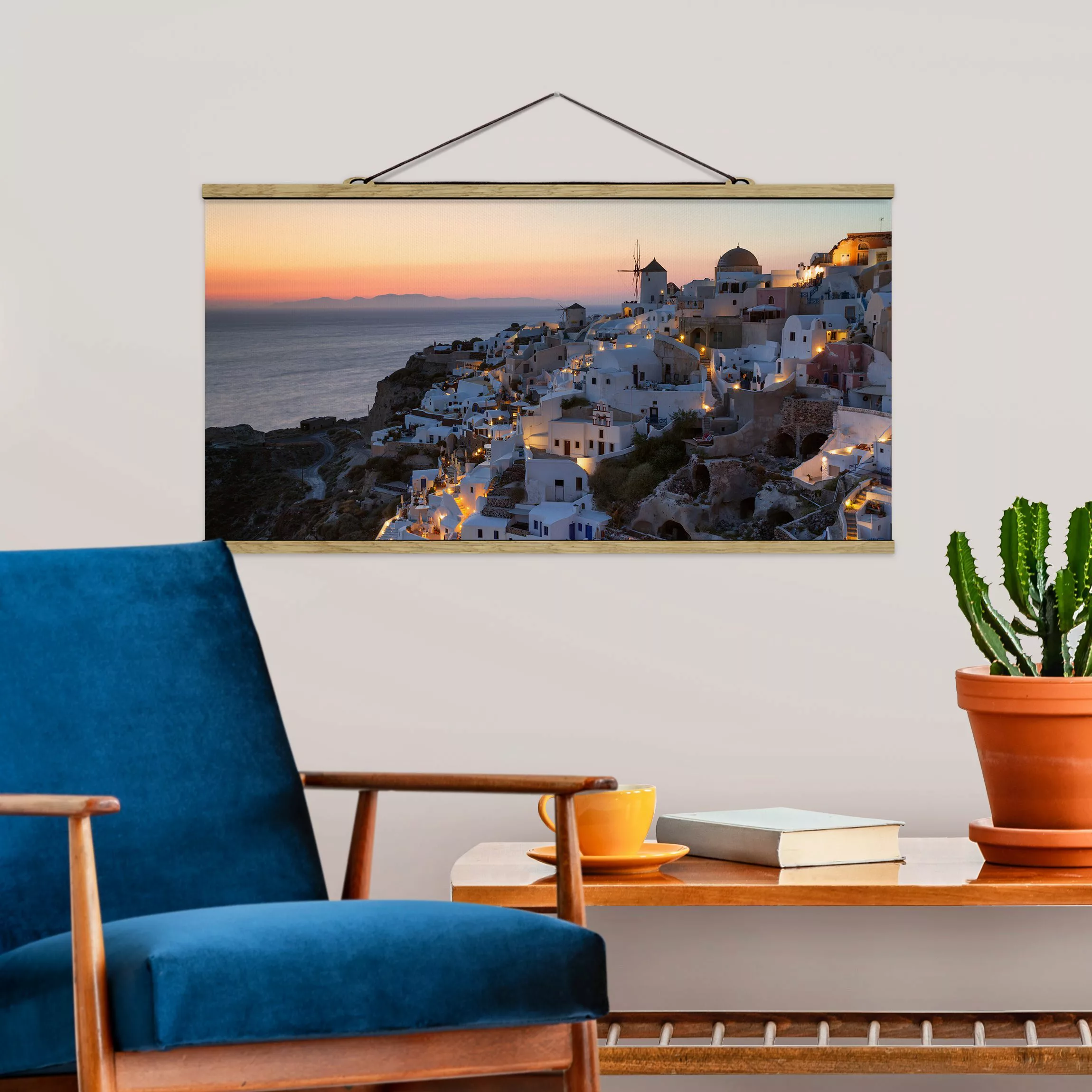 Stoffbild mit Posterleisten Santorini bei Nacht günstig online kaufen