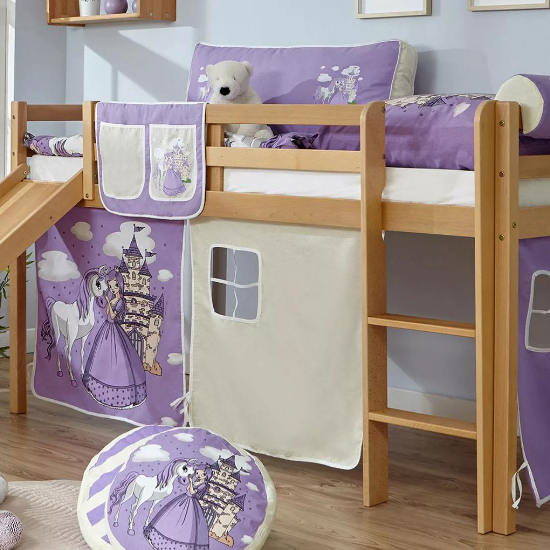 Kinderhochbett aus Buche Massivholz und Webstoff Prinzessin Motiv günstig online kaufen