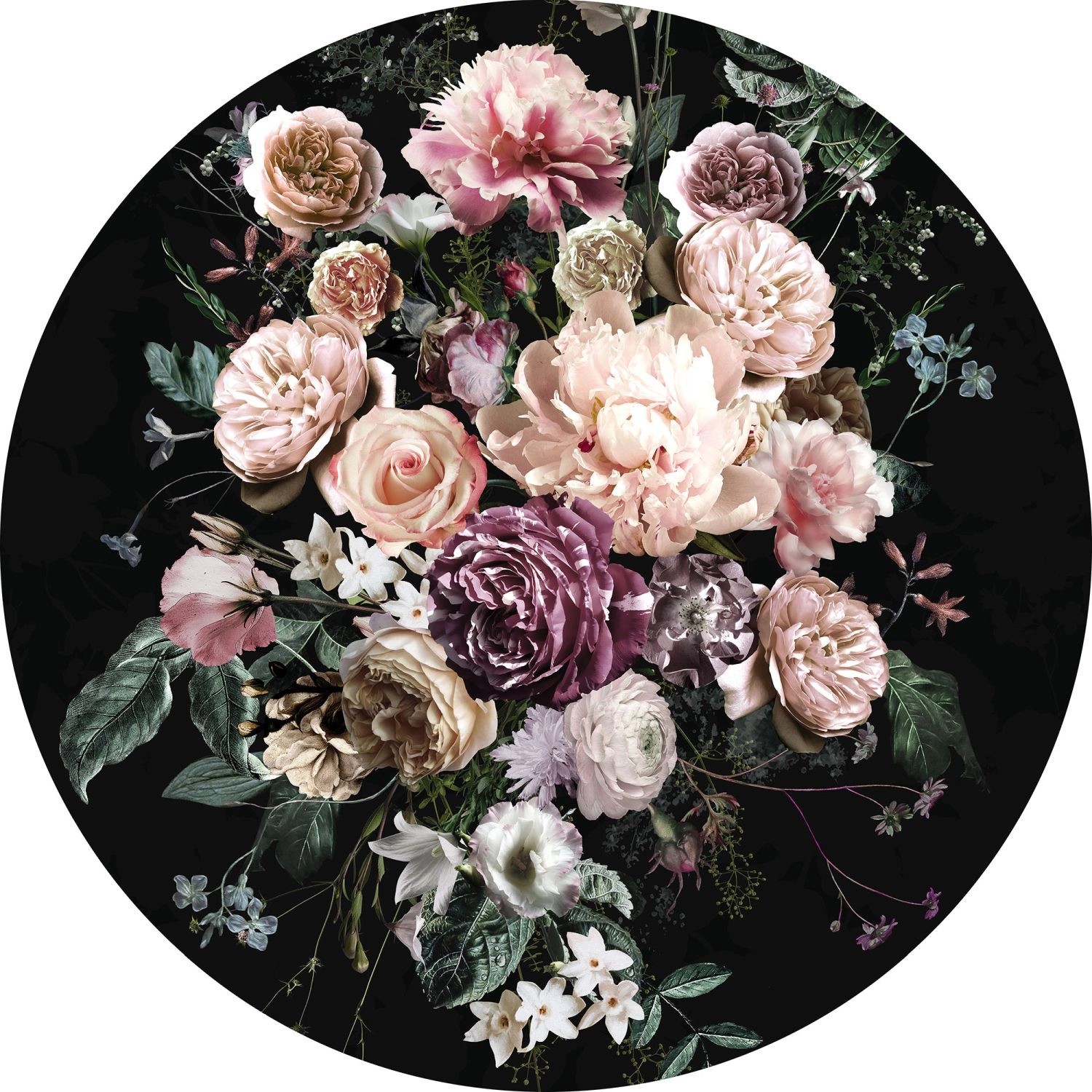 Komar Selbstklebende Runde Tapete Enchanted Flowers Rosa und Schwarz Ø 125 günstig online kaufen