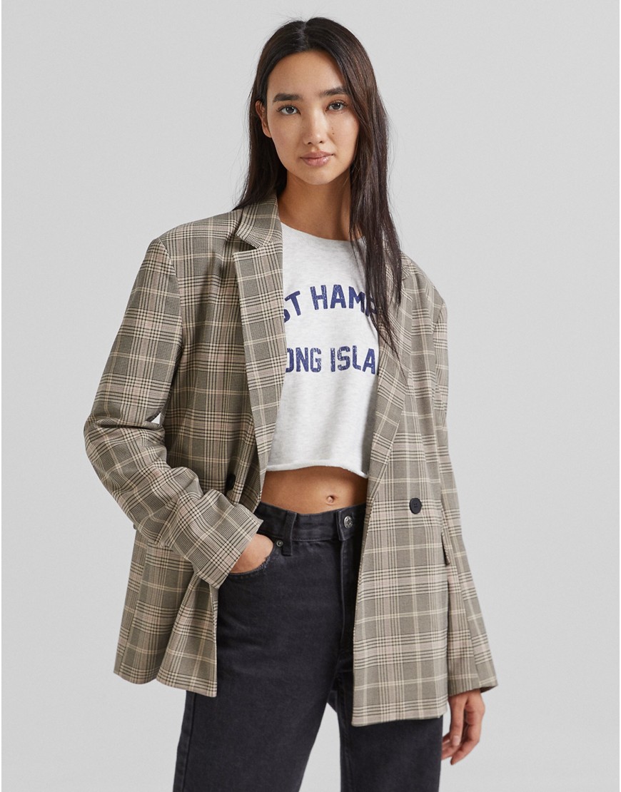 Bershka – Grau karierter Oversize-Blazer günstig online kaufen