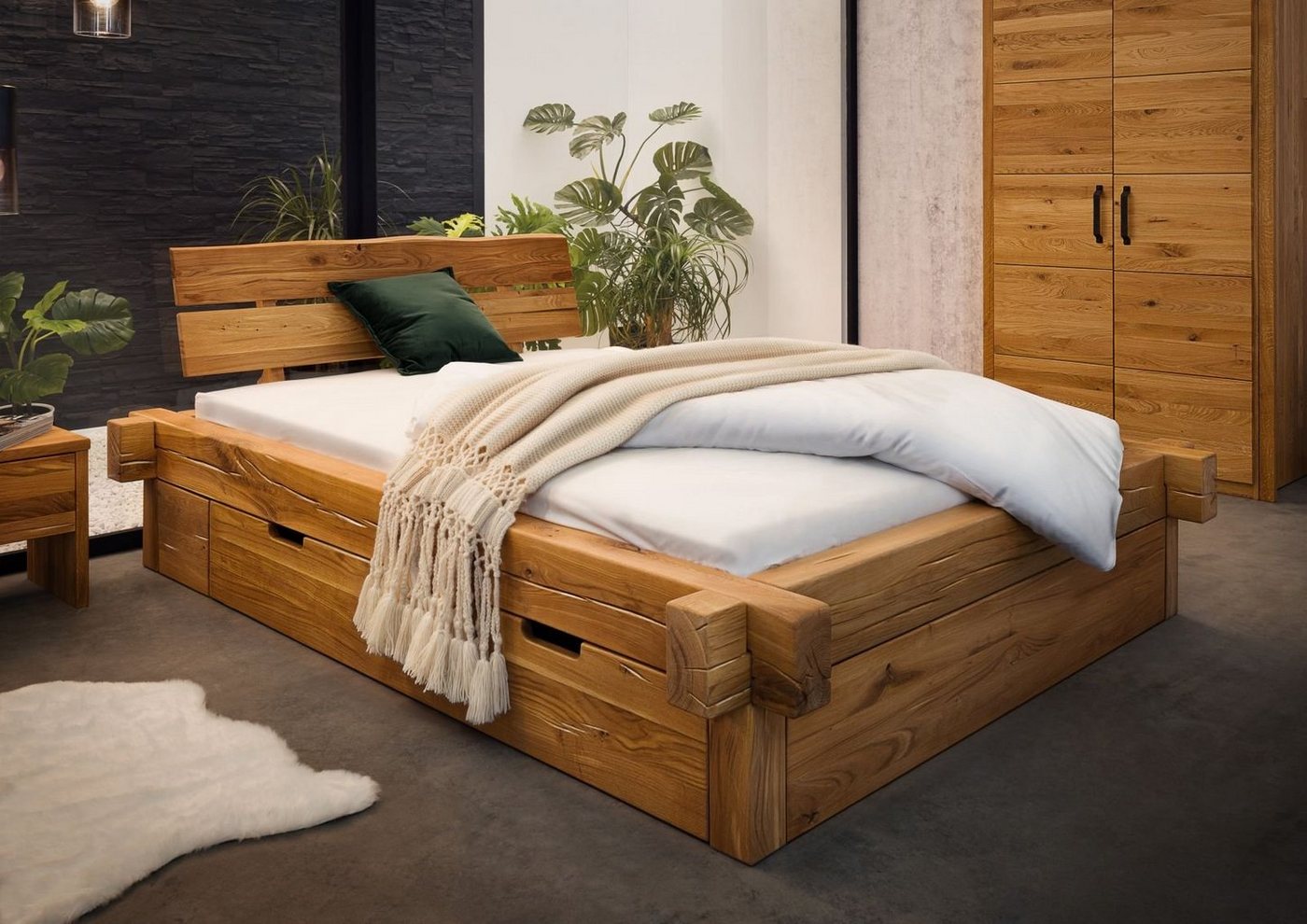 Massivmoebel24 Massivholzbett mit Bettkasten Wildeiche 160x200x85 natur JAN günstig online kaufen