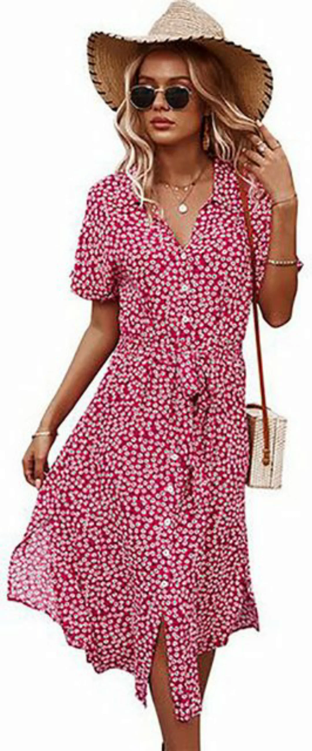 ZWY Dirndlbluse Damen Kurzarm Boho Floral Print Maxi Kleid günstig online kaufen