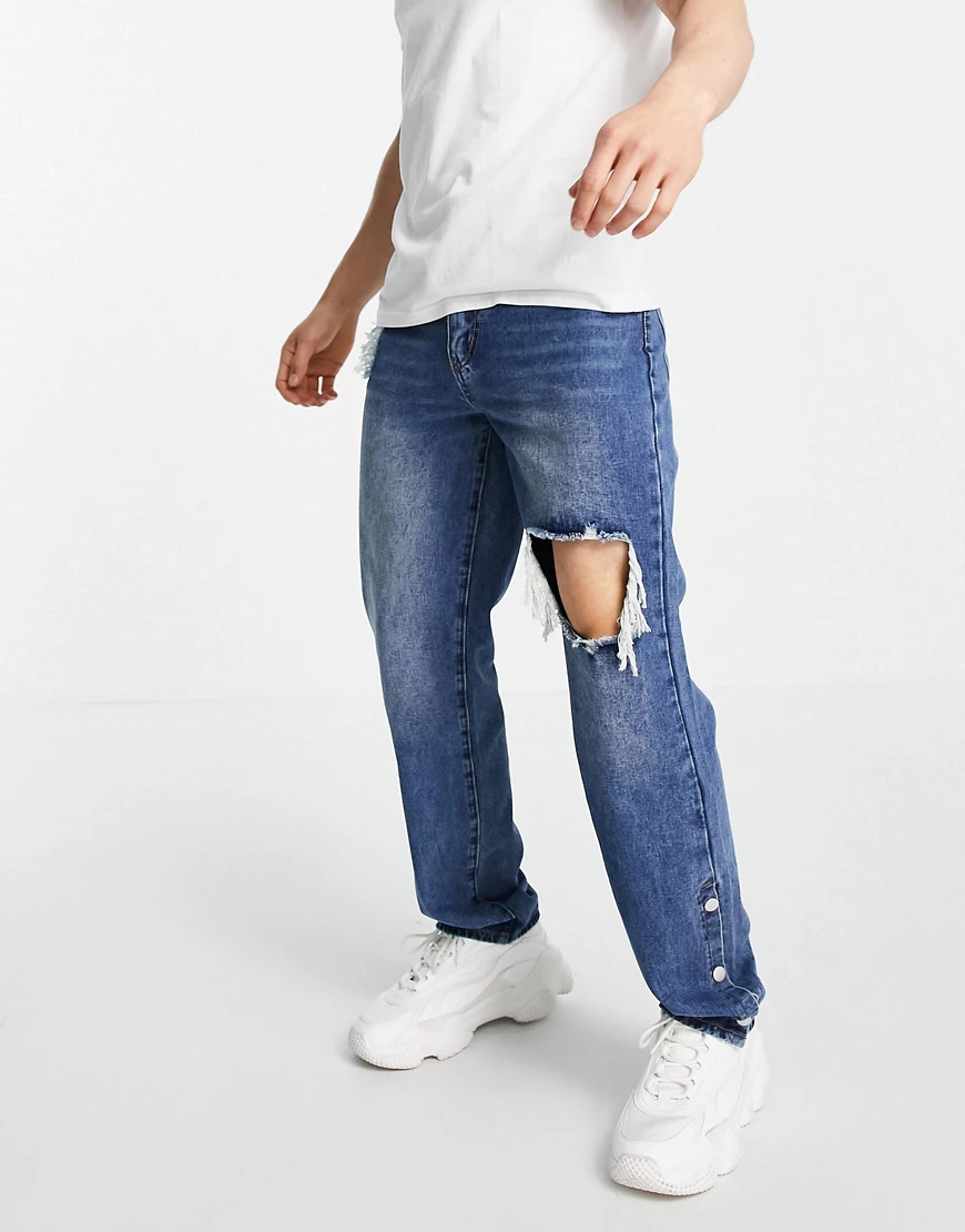 Mennace – Baggy-Jeans in Vintage-Jeansblau mit Rissen und Druckknöpfen am S günstig online kaufen