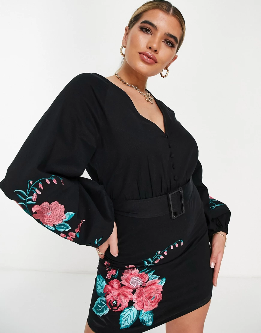 ASOS DESIGN – Minikleid aus Twill in Schwarz mit Gürtel und Blumenstickerei günstig online kaufen