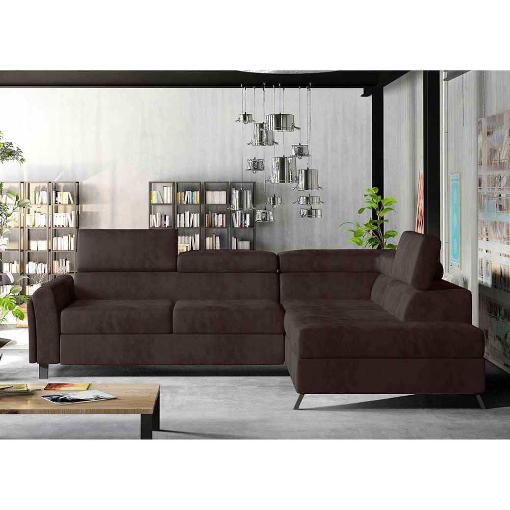 Ecksofa Couch aus Velours in Dunkelbraun günstig online kaufen