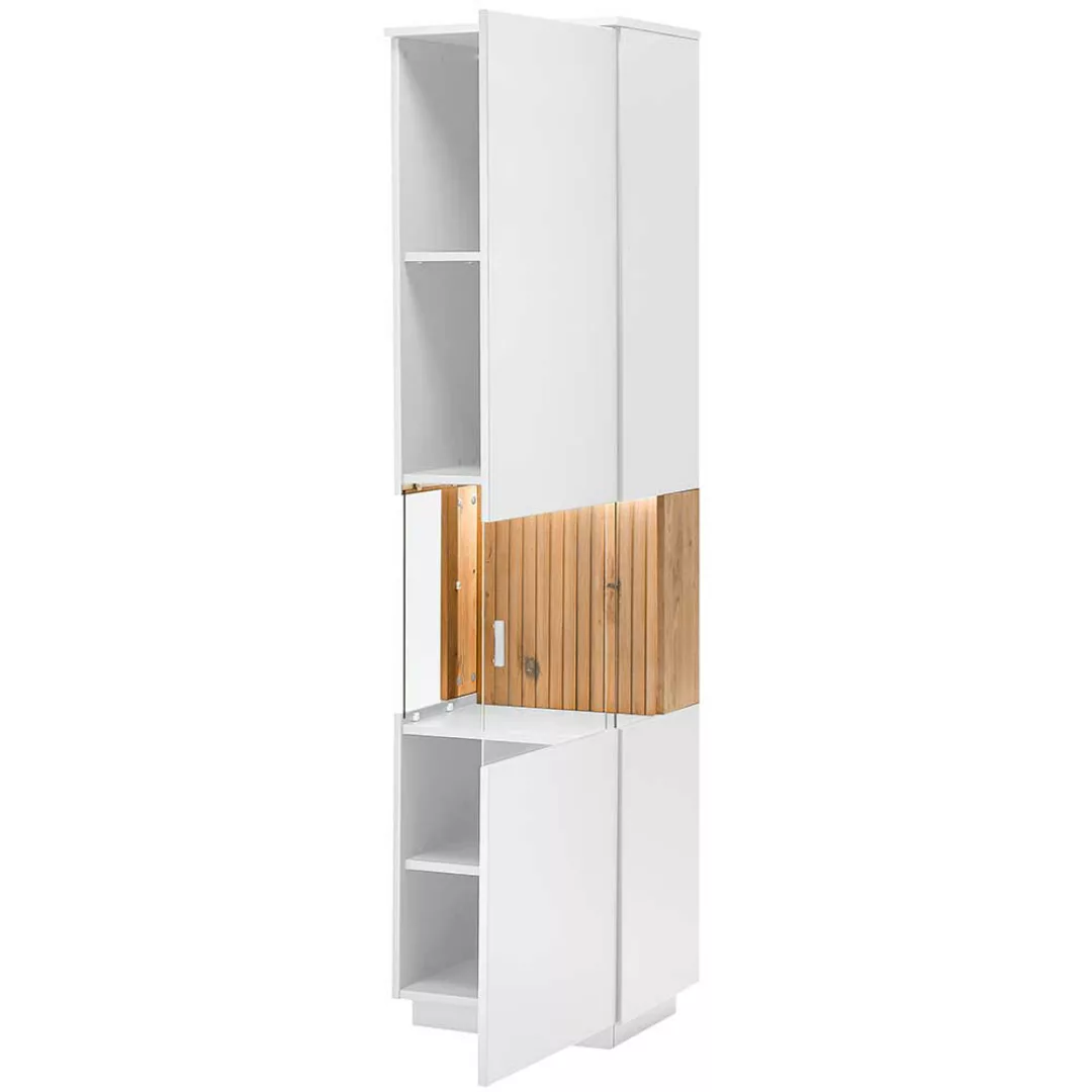 Wohnzimmer Schrank Vitrine in Eiche Bianco und Weiß 204 cm hoch günstig online kaufen