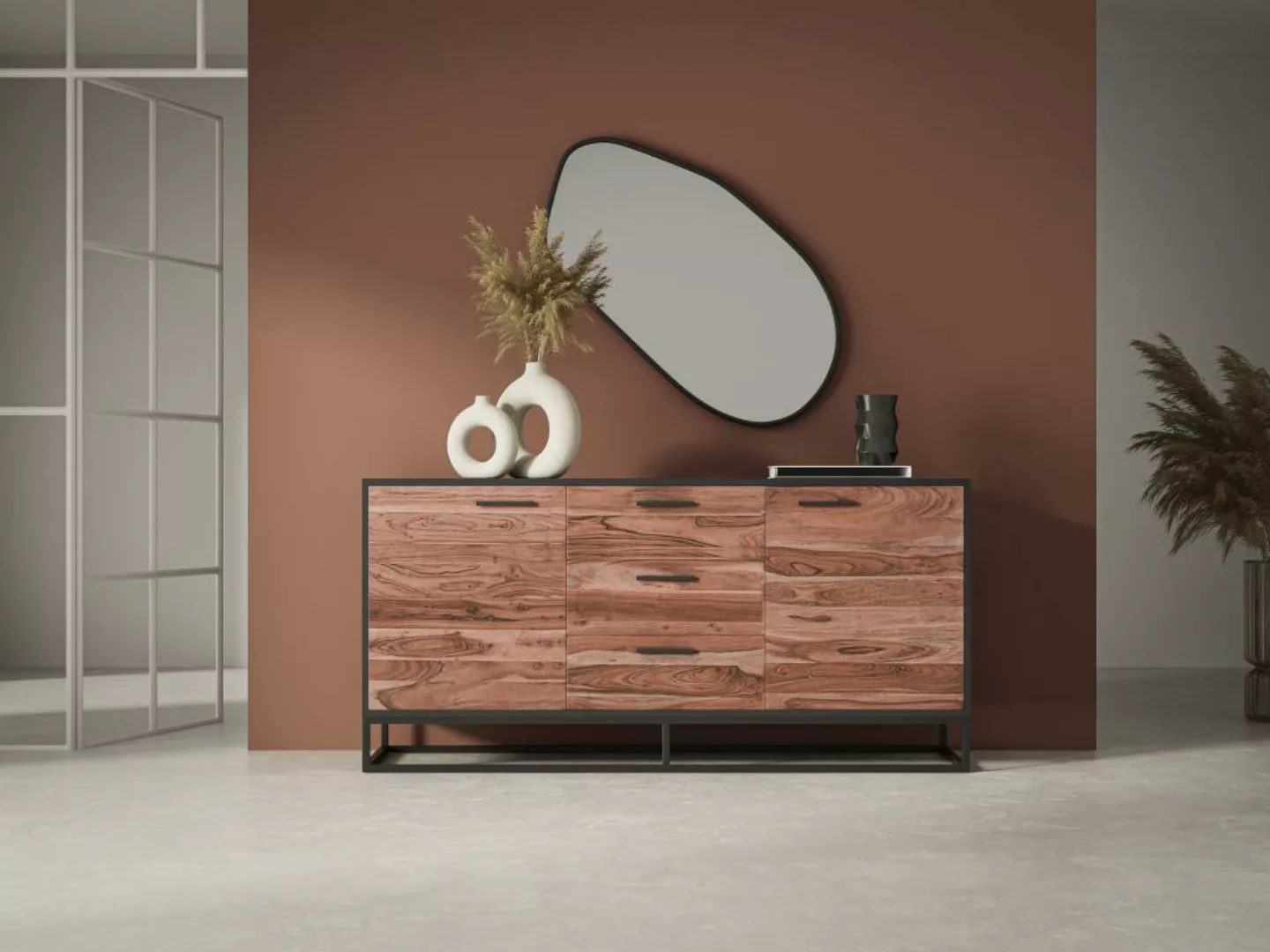 Sideboard mit 2 Türen & 3 Schubladen - Akazienholz & Metall - Dunkle Holzfa günstig online kaufen