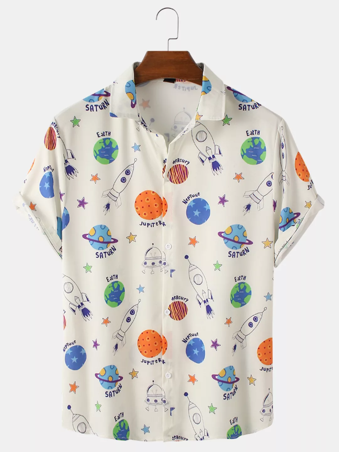 Herren Allover Cartoon Planet Print Lässig Lose Leichte Kurzarmhemden günstig online kaufen