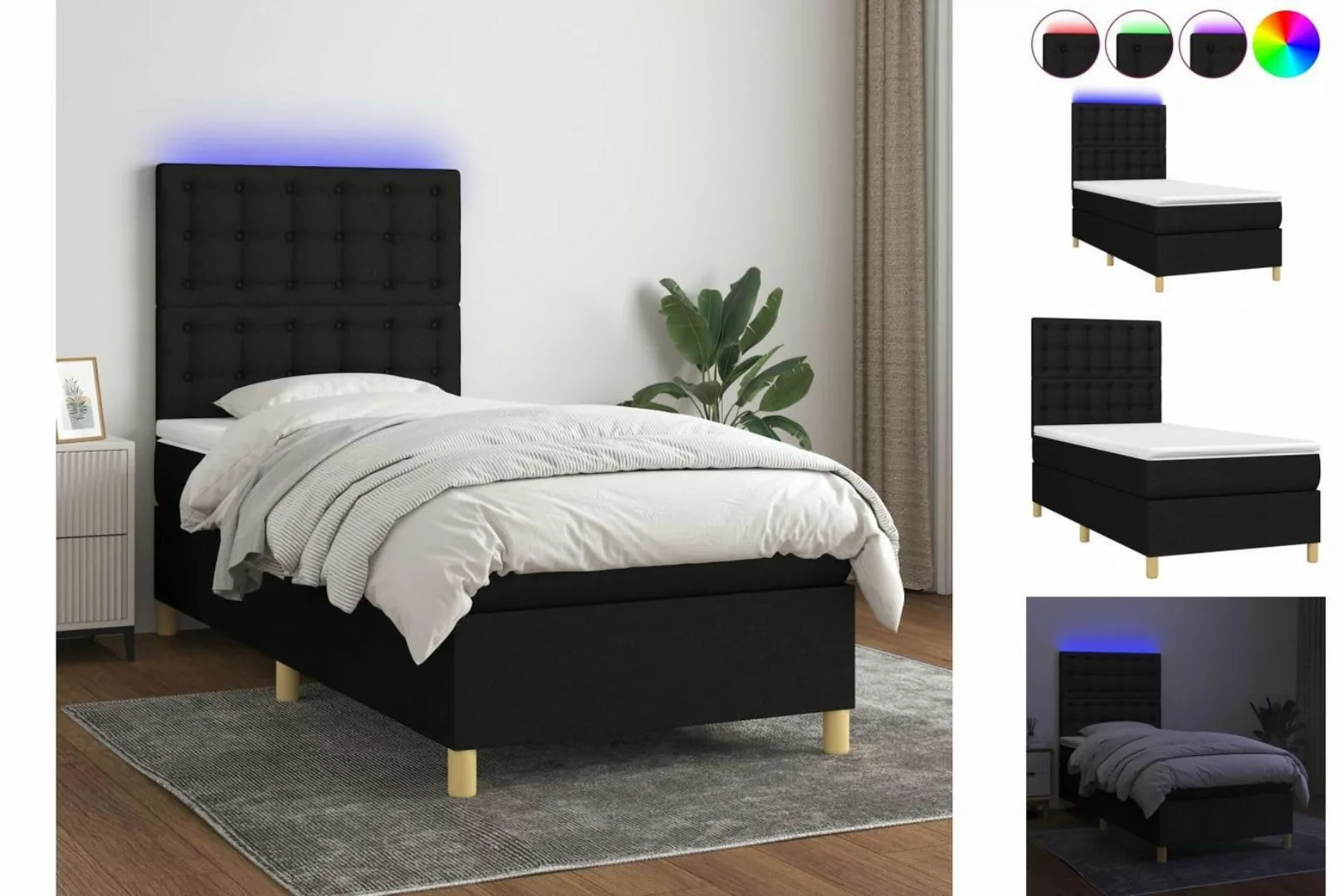 vidaXL Boxspringbett (90 x 200 cm, Knopfheftung Parallel, Schwarz), mit LED günstig online kaufen