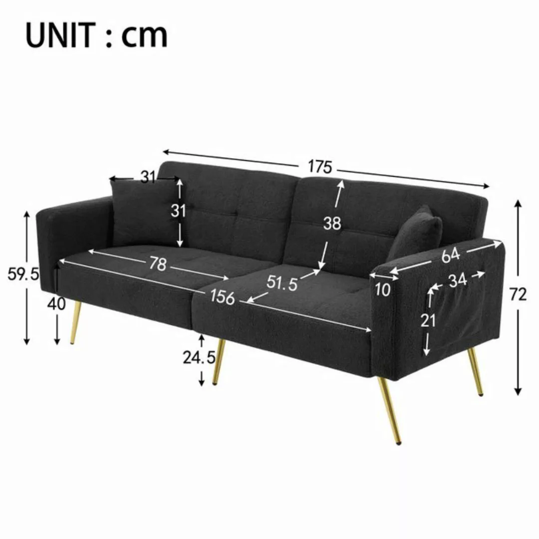 Ulife Schlafsofa mit Winkel, goldenen Beinen, Kissen und seitlichen Taschen günstig online kaufen