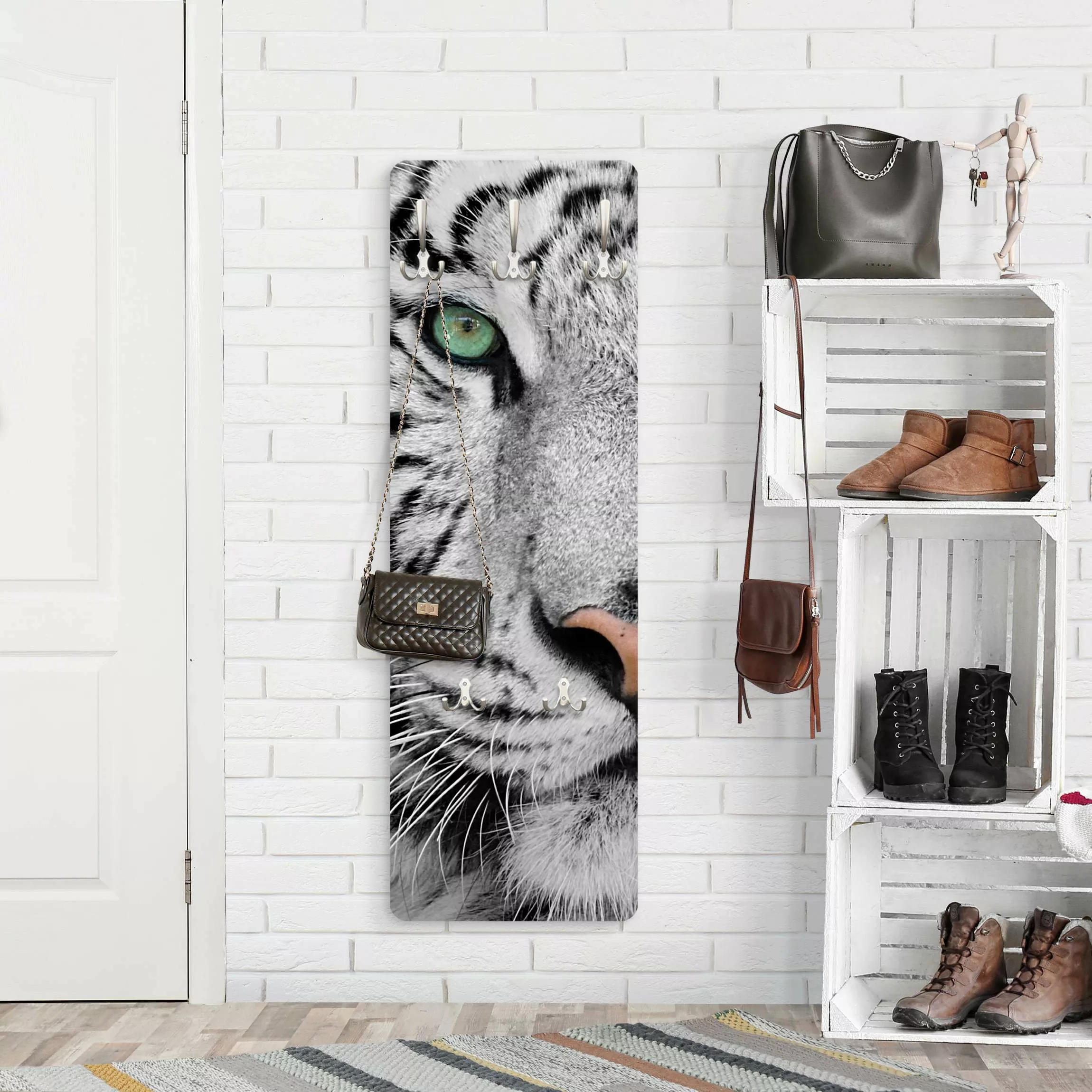 Wandgarderobe Holzpaneel Tiere Weißer Tiger günstig online kaufen