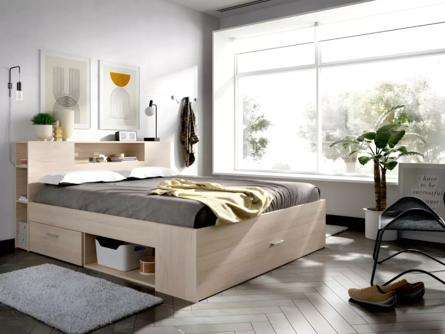Bett mit Stauraum & Schubladen + Lattenrost - 140 x 190 cm - Naturfarben - günstig online kaufen