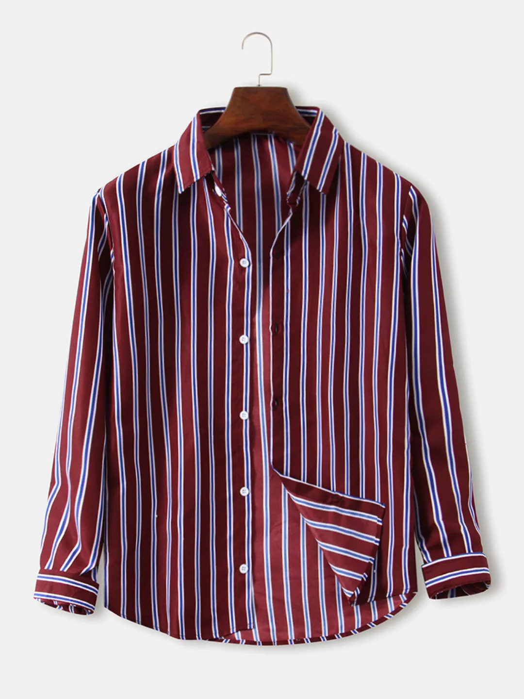 Mens Vertical Stripes Print Revers Button Up Langarm Hemden mit gebogenem S günstig online kaufen