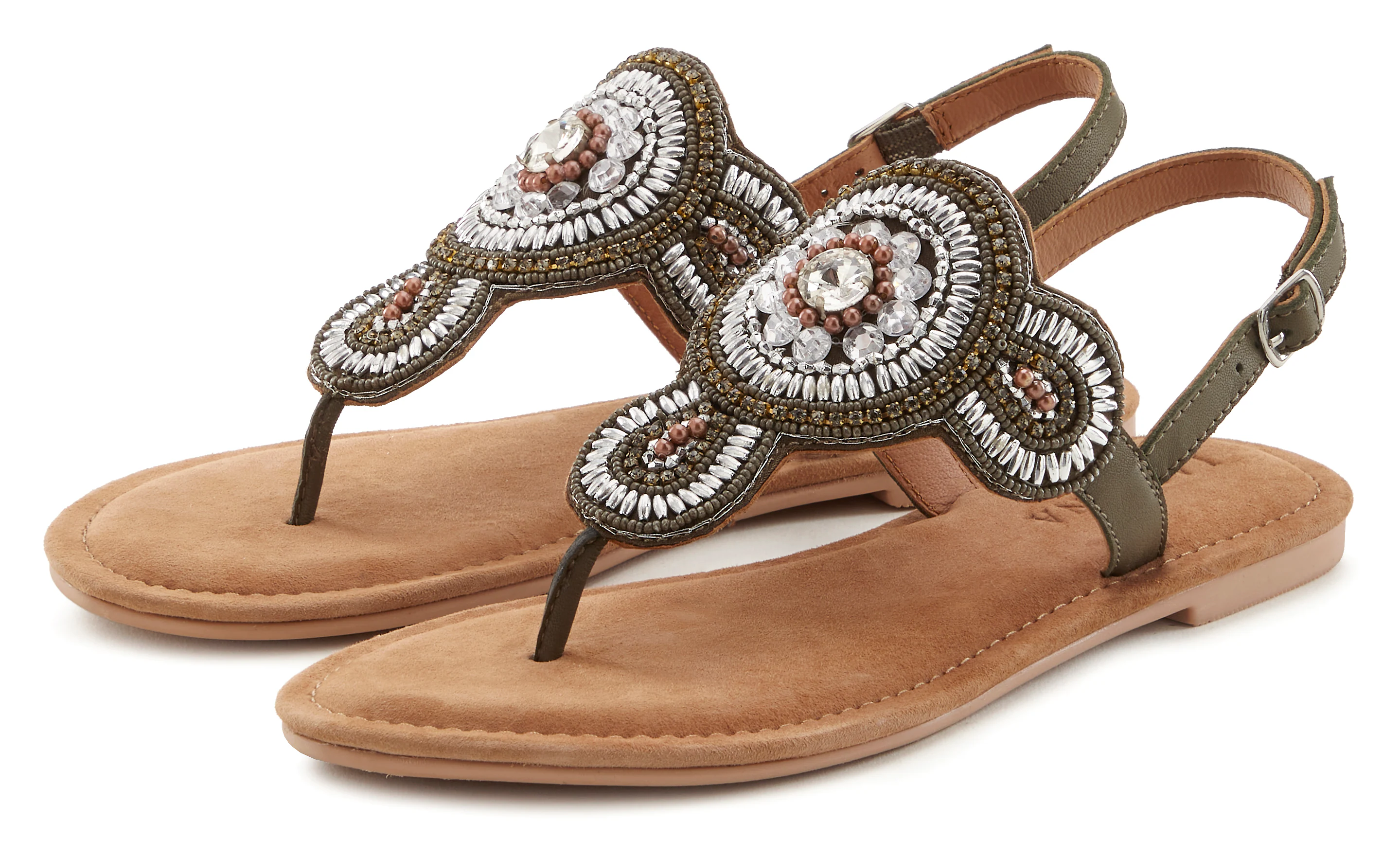 LASCANA Zehentrenner, Sandale, Pantolette in Glitzer-Optik und softer Leder günstig online kaufen
