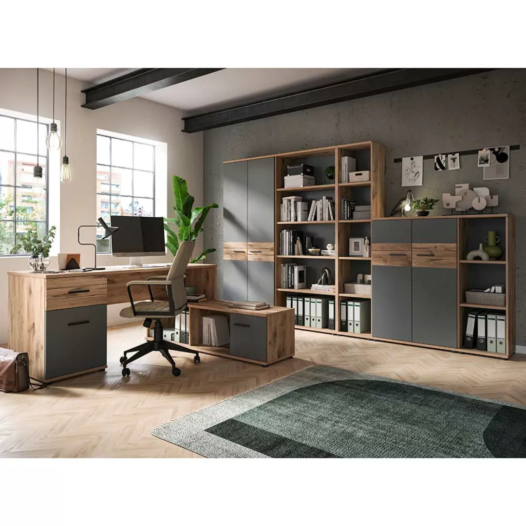 Komplettbüro modern in Wildeichefarben Grau (sechsteilig) günstig online kaufen