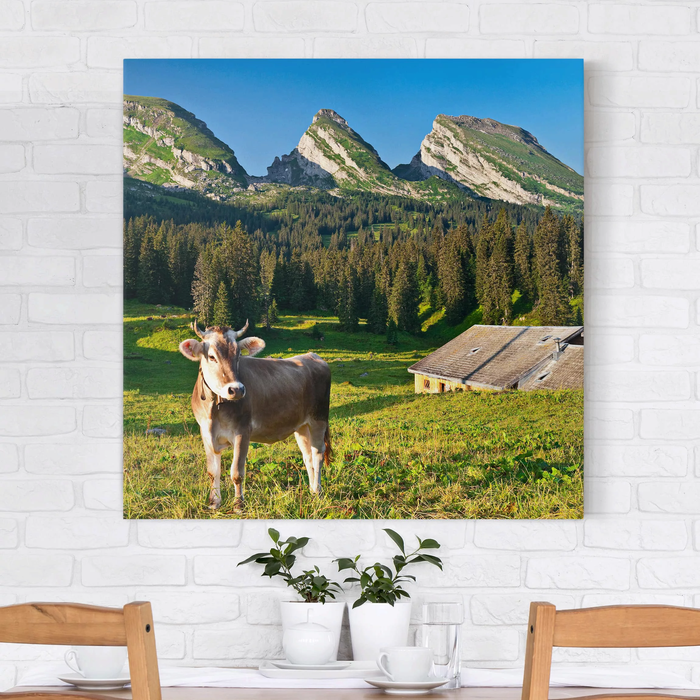 Leinwandbild Berg - Quadrat Schweizer Almwiese mit Kuh günstig online kaufen