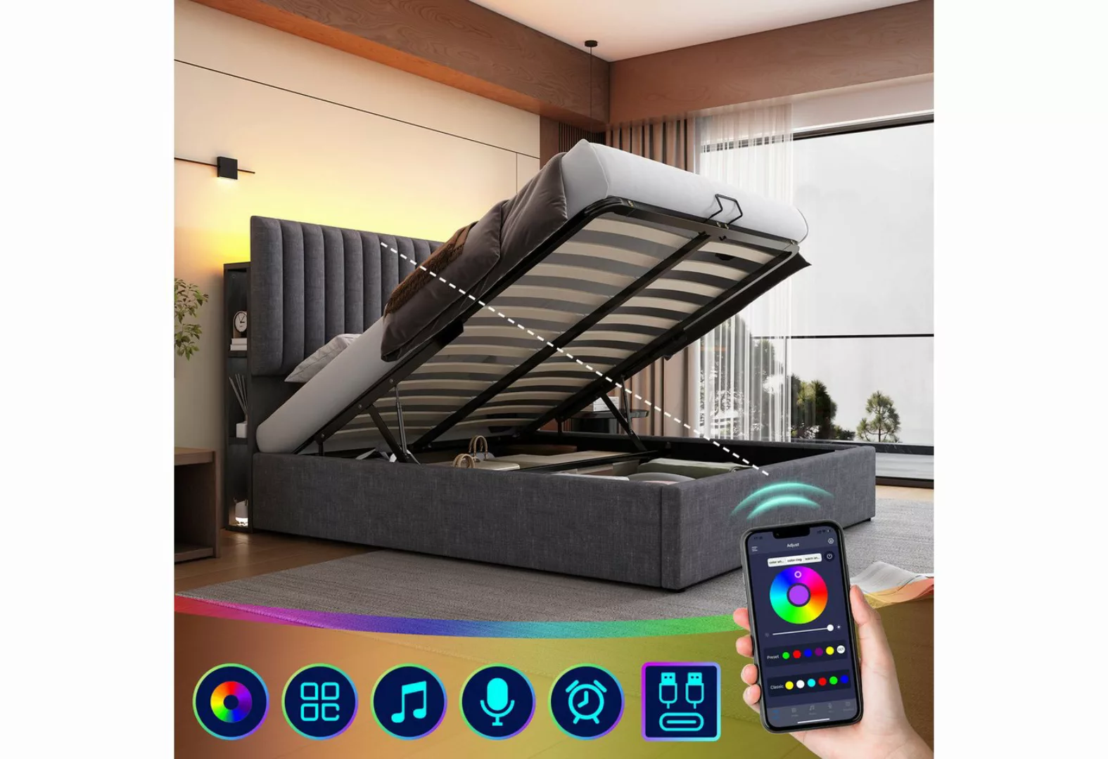 DOPWii Polsterbett Stauraum Doppelbett LED App-Control Bett mit aufladen US günstig online kaufen