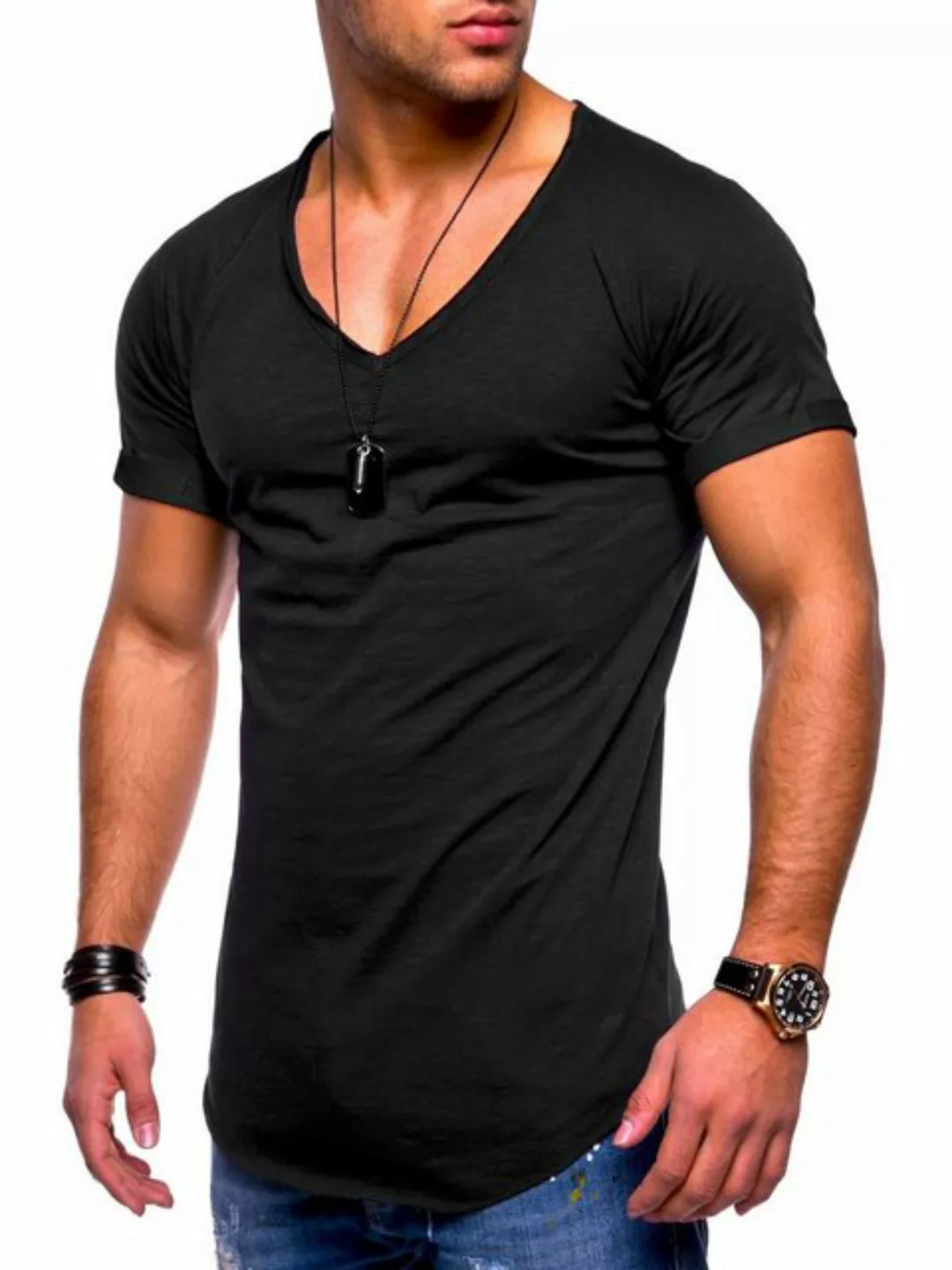 behype T-Shirt BHSOLIN Herren Basic Kurzarm V-Neck Oversized Shirt V-Aussch günstig online kaufen