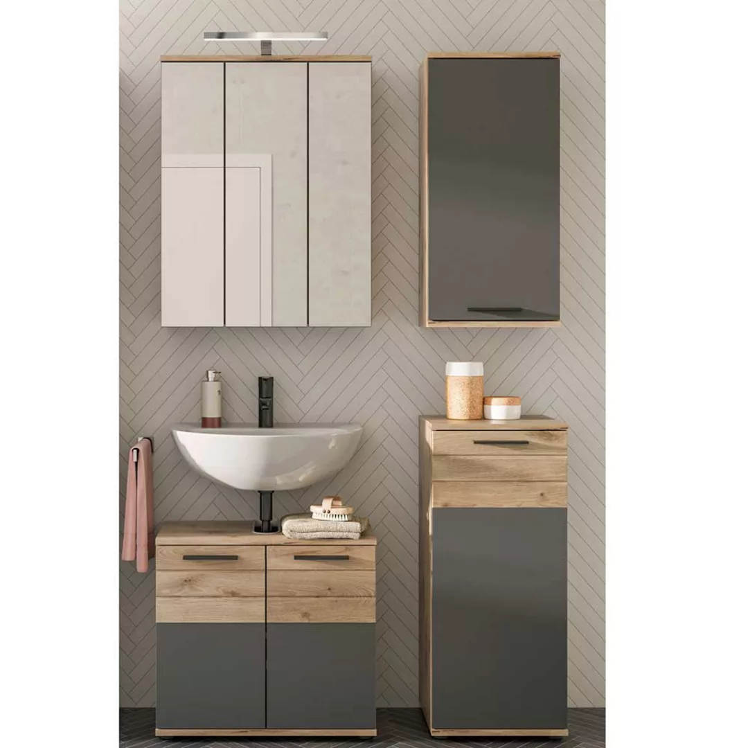 Waschplatz Set in Wildeichefarben und Grau inklusive Spiegelschrank (vierte günstig online kaufen