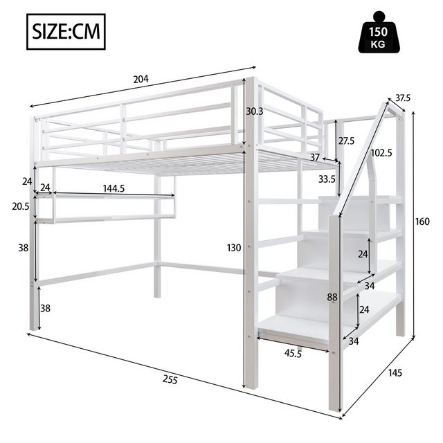 Flieks Hochbett Metallbett 140x200cm mit Einlegeböden und Stauraumtreppe günstig online kaufen