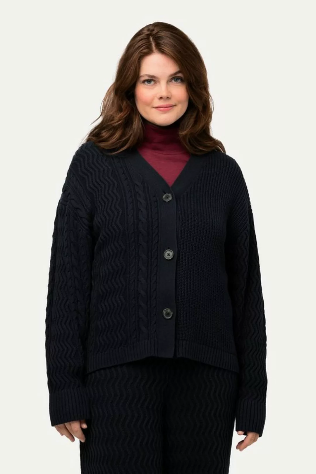 Ulla Popken Strickjacke Strickjacke Strickmuster V-Ausschnitt Biobaumwolle günstig online kaufen