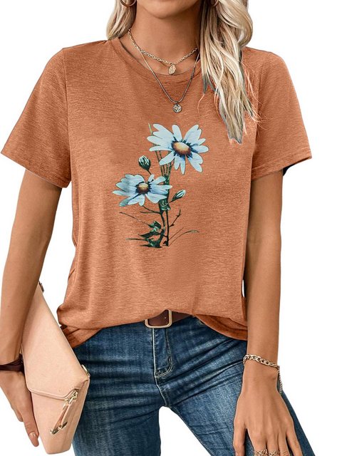 PYL Kurzarmshirt Damen Sommer Kurzarmbluse Locker Blumen Print-Shirt günstig online kaufen