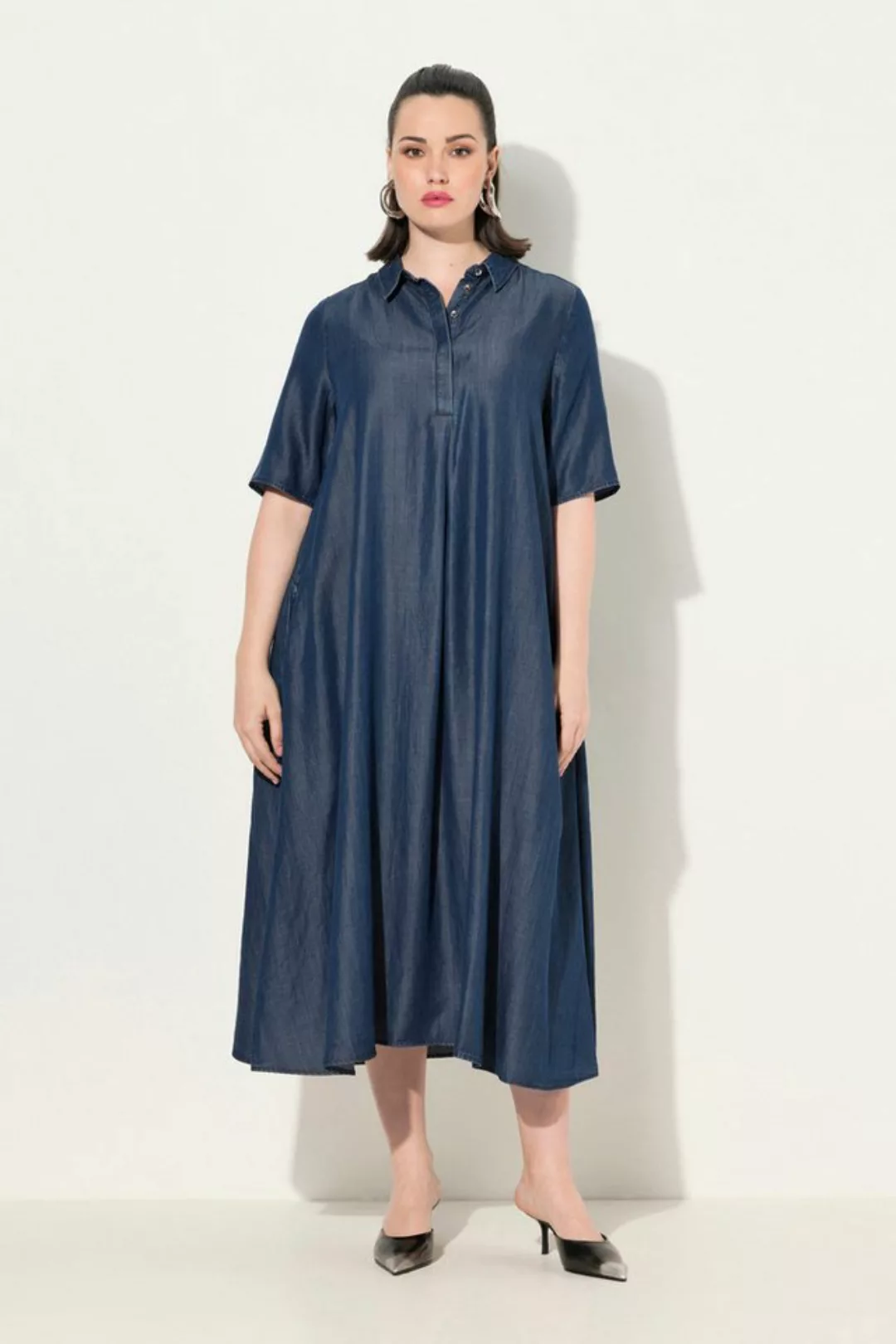 Ulla Popken Sommerkleid Lyocell-Midikleid Jeansoptik Hemdkragen Halbarm günstig online kaufen