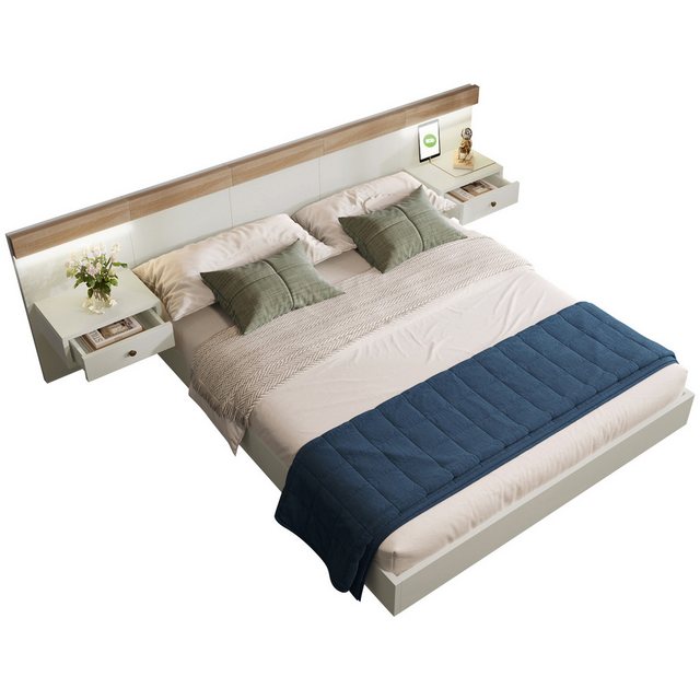 REDOM Massivholzbett Doppelbett Holzbett (Kiefernholz Doppelbett 2 Nachttis günstig online kaufen