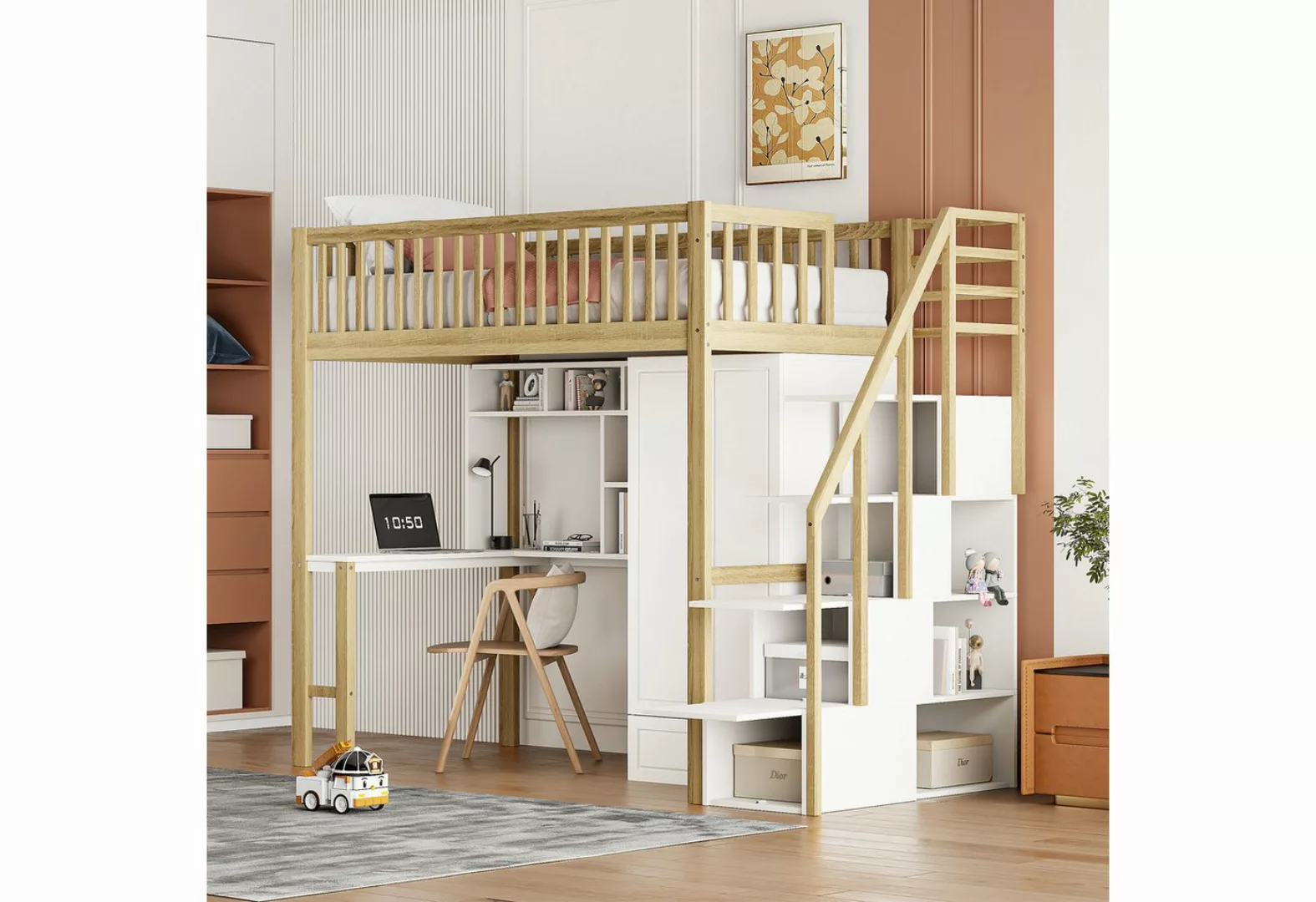 HAUSS SPLOE Kinderbett 90 x 200 mit Kleiderschrank Regal und Tisch, Staurau günstig online kaufen