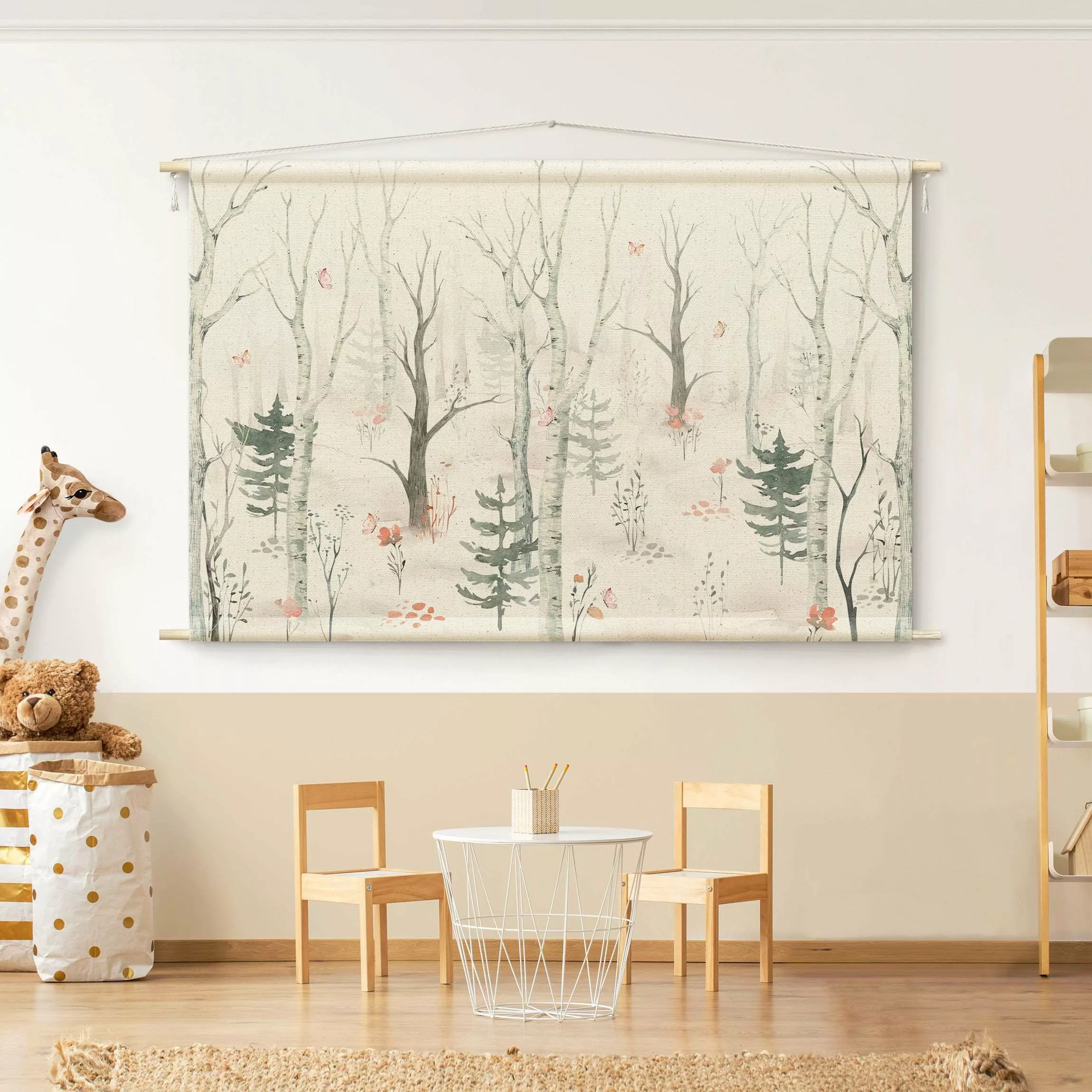 Wandteppich Birkenwald mit Mohnblumen günstig online kaufen